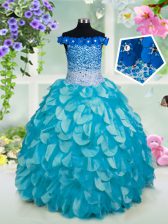 Customized Off the Shoulder Floor Length Turquoise Little Girl Pageant Dress Organza Sleeveless Beading and Sashes ribbons and Sequins
