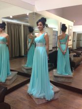 Elegant One Shoulder Sleeveless Sweep Train Zipper Baby Blue Chiffon