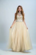 Elegant Champagne Sleeveless Floor Length Beading Zipper 