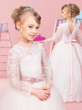 Colorful Scoop Long Sleeves Floor Length Clasp Handle Flower Girl Dresses for Less Baby Pink for Quinceanera and Wedding Party with Lace and Bowknot