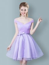 Custom Made Knee Length Lavender Dama Dress for Quinceanera Tulle Cap Sleeves Ruching and Bowknot