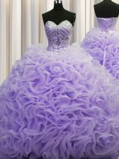 Sumptuous Rolling Flowers Lavender 15th Birthday Dress Military Ball and Sweet 16 and Quinceanera with Beading and Pick Ups Sweetheart Sleeveless Brush Train Lace Up