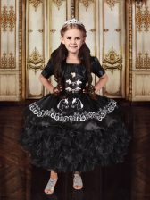  Straps Black Organza and Taffeta Lace Up Pageant Gowns For Girls Sleeveless Floor Length Ruffled Layers