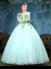 Latest Tulle Scoop Long Sleeves Lace Up Appliques Quinceanera Gown in Aqua Blue