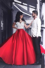 Decent Red Off The Shoulder Neckline Appliques Evening Dress Short Sleeves Zipper