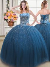 Shining Teal Lace Up 15 Quinceanera Dress Beading Sleeveless Floor Length