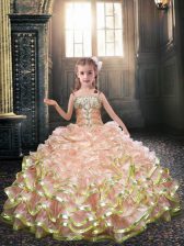 Gorgeous Sleeveless Floor Length Beading and Ruffles Lace Up Flower Girl Dresses with Peach