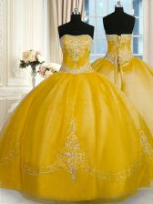  Gold Ball Gowns Strapless Sleeveless Organza Floor Length Lace Up Beading and Embroidery Quinceanera Gowns