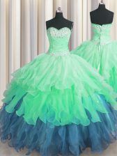 Sleeveless Lace Up Floor Length Beading and Ruffles and Ruffled Layers and Sequins Quinceanera Gowns