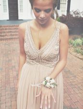  Sleeveless Floor Length Beading Zipper Prom Dresses with Champagne
