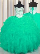 Custom Design Sleeveless Lace Up Floor Length Beading and Ruffles Quince Ball Gowns