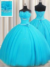 Cute Aqua Blue Ball Gowns Tulle Strapless Sleeveless Beading and Ruffles and Hand Made Flower Floor Length Lace Up 15th Birthday Dress