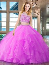 Custom Made Organza Scoop Sleeveless Brush Train Backless Beading and Ruffles Vestidos de Quinceanera in Fuchsia