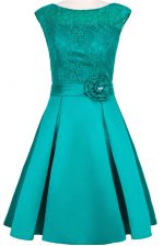  Scoop Lace Cap Sleeves Knee Length Hand Made Flower Zipper with Teal