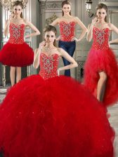  Four Piece Floor Length Lace Up Sweet 16 Dresses Red for Military Ball and Sweet 16 and Quinceanera with Beading and Ruffles