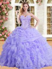 Cute Floor Length Lavender 15th Birthday Dress Organza Sleeveless Beading and Appliques and Ruffles