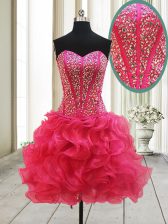 Sleeveless Mini Length Beading Lace Up Prom Evening Gown with Hot Pink