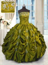 Decent Strapless Sleeveless Quinceanera Dress Floor Length Beading and Appliques and Embroidery and Pick Ups Green Taffeta