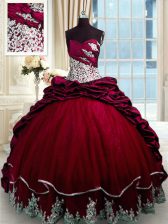 Modest Taffeta Sleeveless With Train Quince Ball Gowns Brush Train and Beading and Appliques and Pick Ups