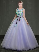  Scoop Lavender Sleeveless Organza Lace Up Quince Ball Gowns for Military Ball and Sweet 16 and Quinceanera