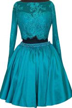  Long Sleeves Mini Length Beading and Lace Zipper Prom Evening Gown with Teal 