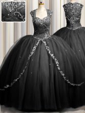Elegant Zipple Up Sweetheart Cap Sleeves Tulle 15 Quinceanera Dress Beading and Appliques Brush Train Zipper