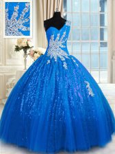 Fantastic One Shoulder Blue Ball Gowns Appliques Quinceanera Gown Lace Up Tulle and Sequined Sleeveless Floor Length