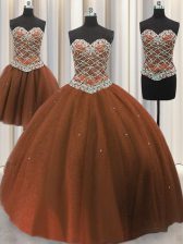 Glittering Three Piece Tulle Sleeveless Floor Length Sweet 16 Dress and Beading and Sequins