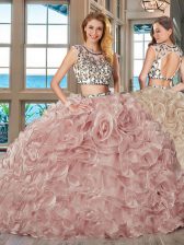 Customized Scoop Backless With Train Pink Quinceanera Dress Organza Brush Train Cap Sleeves Beading and Ruffles