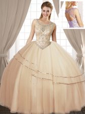  Scoop Champagne Lace Up Quinceanera Gowns Beading Sleeveless Floor Length