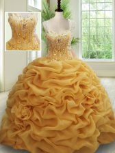 Elegant Straps Gold Sleeveless With Train Beading and Pick Ups Zipper Quinceanera Dress