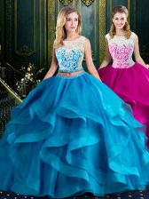 Modest Scoop Sleeveless Vestidos de Quinceanera With Brush Train Lace and Ruffles Baby Blue Tulle