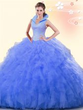  Ball Gowns Sweet 16 Quinceanera Dress Blue High-neck Tulle Sleeveless Floor Length Backless