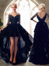 Suitable Lace Half Sleeves Beading Backless Prom Dresses
