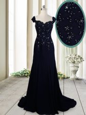 Hot Selling Straps Column/Sheath Cap Sleeves Navy Blue Prom Dress Brush Train Zipper