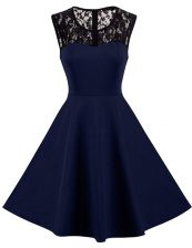 Designer Scoop Sleeveless Knee Length Lace Zipper Dress for Prom with Navy Blue