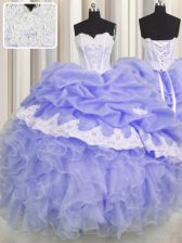 Custom Designed Lavender Ball Gowns Organza Sweetheart Sleeveless Beading and Appliques and Ruffles and Pick Ups Floor Length Lace Up Vestidos de Quinceanera