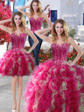 Vintage Three Piece Hot Pink Sweetheart Lace Up Beading Quinceanera Gown Sleeveless