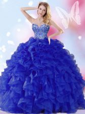 Charming Royal Blue Lace Up Sweetheart Beading and Ruffles Sweet 16 Dress Organza Sleeveless