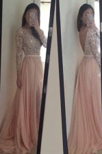  Scoop Peach Backless Beading and Ruching 3 4 Length Sleeve With Brush Train