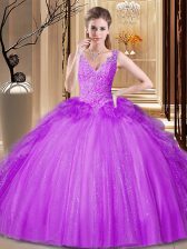 Delicate Purple V-neck Backless Appliques and Ruffles and Sequins 15 Quinceanera Dress Sleeveless