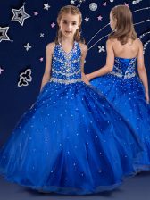 Discount Royal Blue Little Girls Pageant Dress Wholesale Quinceanera and Wedding Party with Beading Halter Top Sleeveless Lace Up
