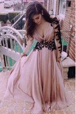  Long Sleeves Chiffon Floor Length Zipper Evening Dress in Pink with Ruching