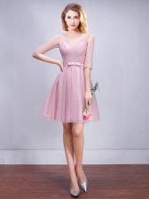 Ideal Half Sleeves Mini Length Ruching and Bowknot Lace Up Quinceanera Court Dresses with Pink