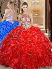  Coral Red Ball Gowns Organza Scoop Sleeveless Embroidery and Ruffles Floor Length Backless Quinceanera Dresses