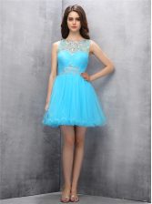 Trendy Scoop Sleeveless Zipper Prom Party Dress Blue Tulle