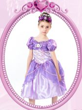 Luxury Lavender Short Sleeves Tea Length Beading and Bowknot Clasp Handle Flower Girl Dresses