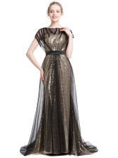Excellent Black Short Sleeves With Train Beading Zipper Prom Gown