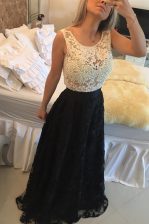  White And Black Column/Sheath Lace Scoop Sleeveless Beading and Lace Floor Length Side Zipper Prom Dress