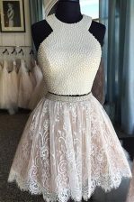  Halter Top Lace Knee Length A-line Sleeveless White Evening Dress Zipper